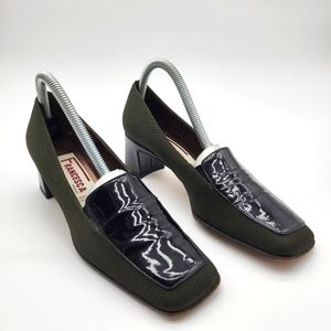 Francesca Firenze olive green Material +black patent leather square toe shoe 7.5